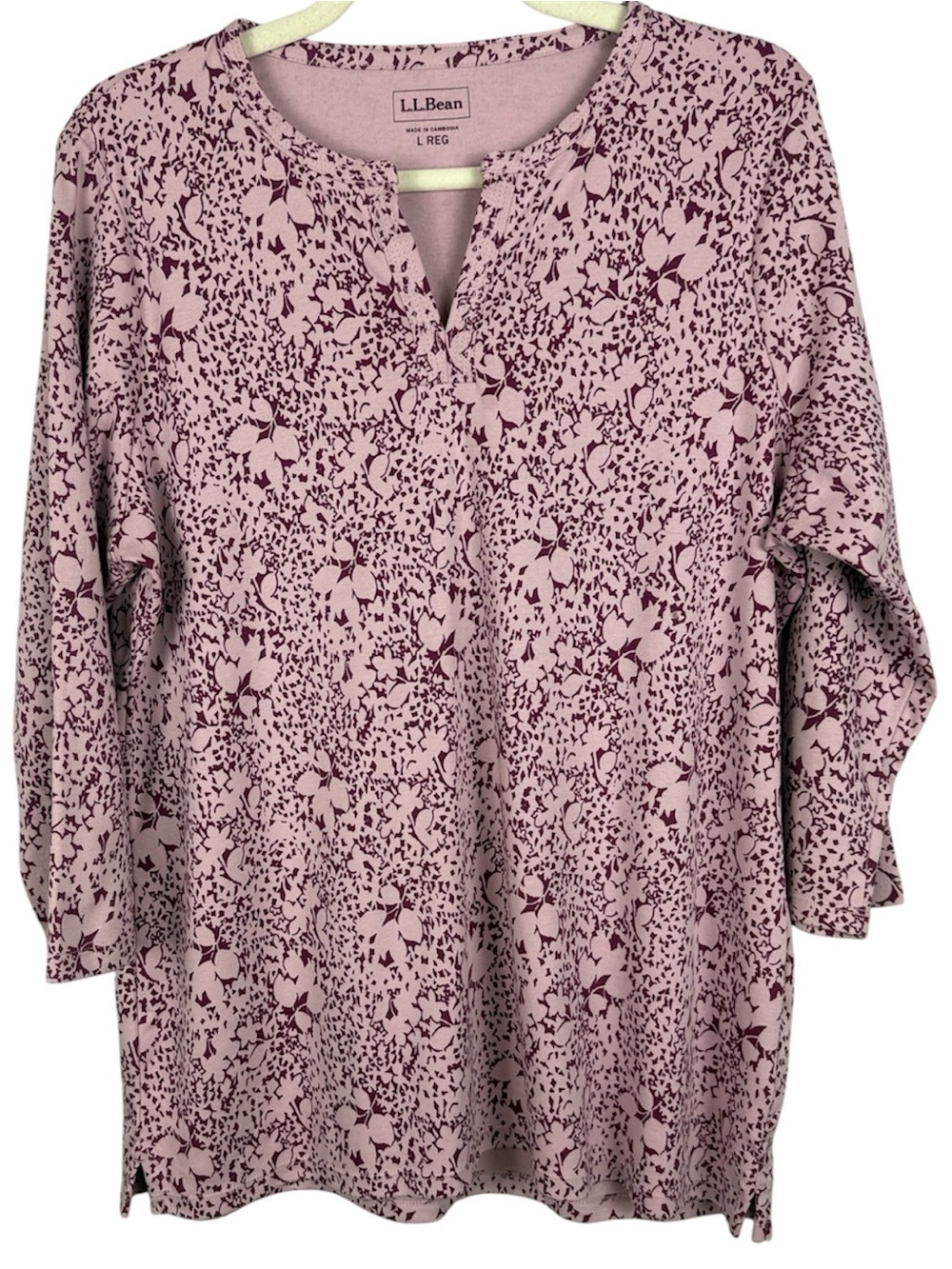 L.L. Bean Cotton Floral Split V-Neck Tunic Top Pink Purple Cotton Size L Regular